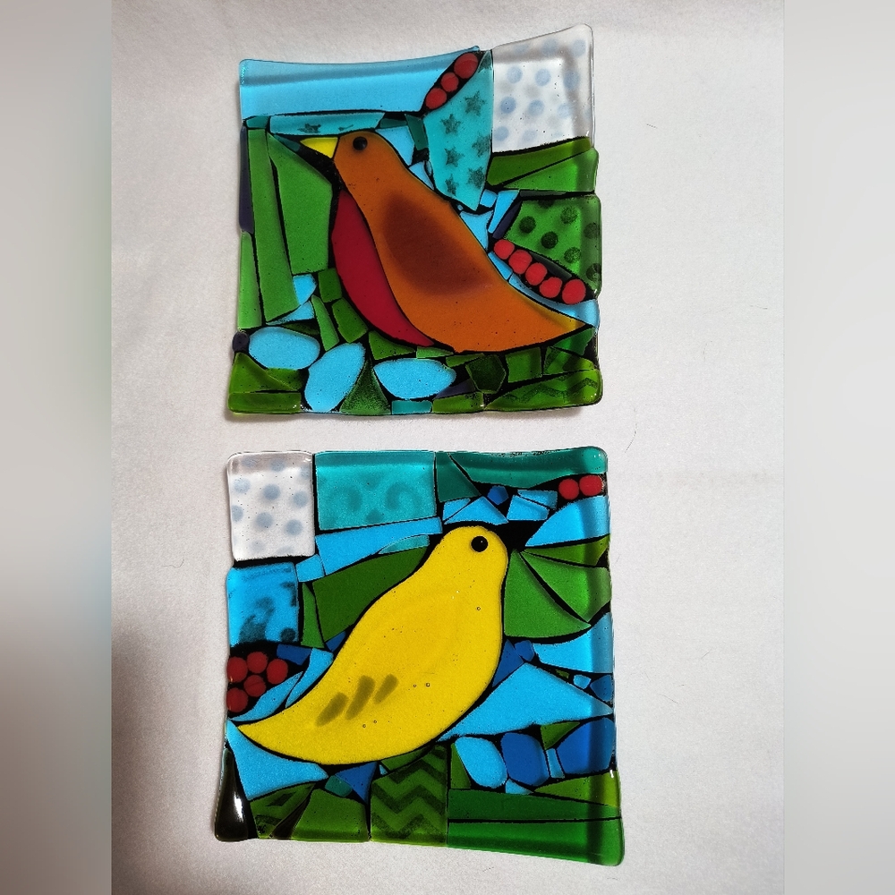 Signed Tammy Hudgeon Fused Glass Bird Platters/Plates
